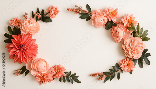 Obraz na płótnie A beautiful arrangement of coral flowers and green leaves arranged in an elegant oval shape against a soft white background. w salonie
