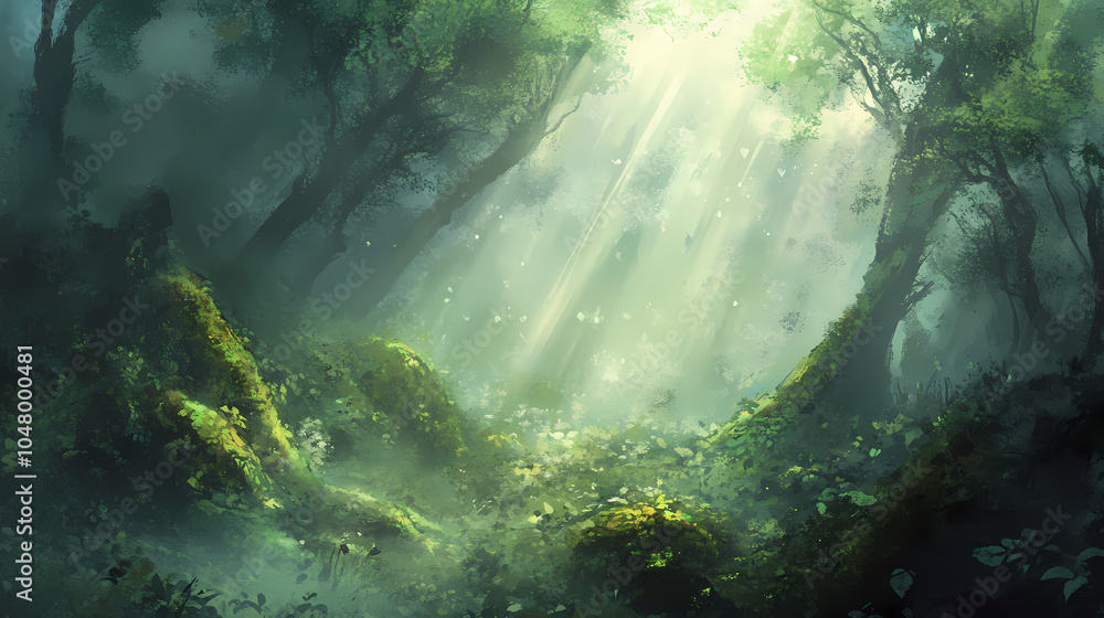 Mystical forest with moss-covered trees, ethereal light beams and a foggy atmosphere. Crystalized Forest. Illustration Mystical forest with moss-covered trees, ethereal light beams and a foggy atmosphere. Crystalized Forest. Illustration