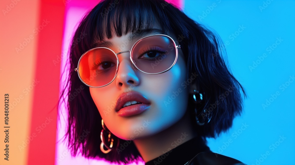 custom made wallpaper toronto digitalClose-Up Portrait of Stylish Woman in Trendy Glasses with Neon Lighting, Ideal for Fashion and Modern Concepts