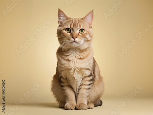 A cat sits against a plain background