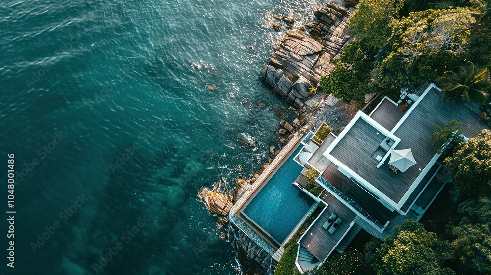 Fototapeta premium Seaside Serenity: Stunning Oceanfront Home with Pool and Direct Water Access