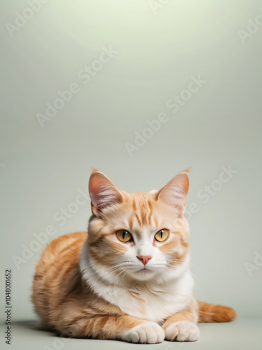 A cat sits against a plain background