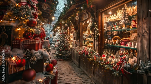 christmas decoration tree in the shop, winter street market in Europe, Crowd in the mall 