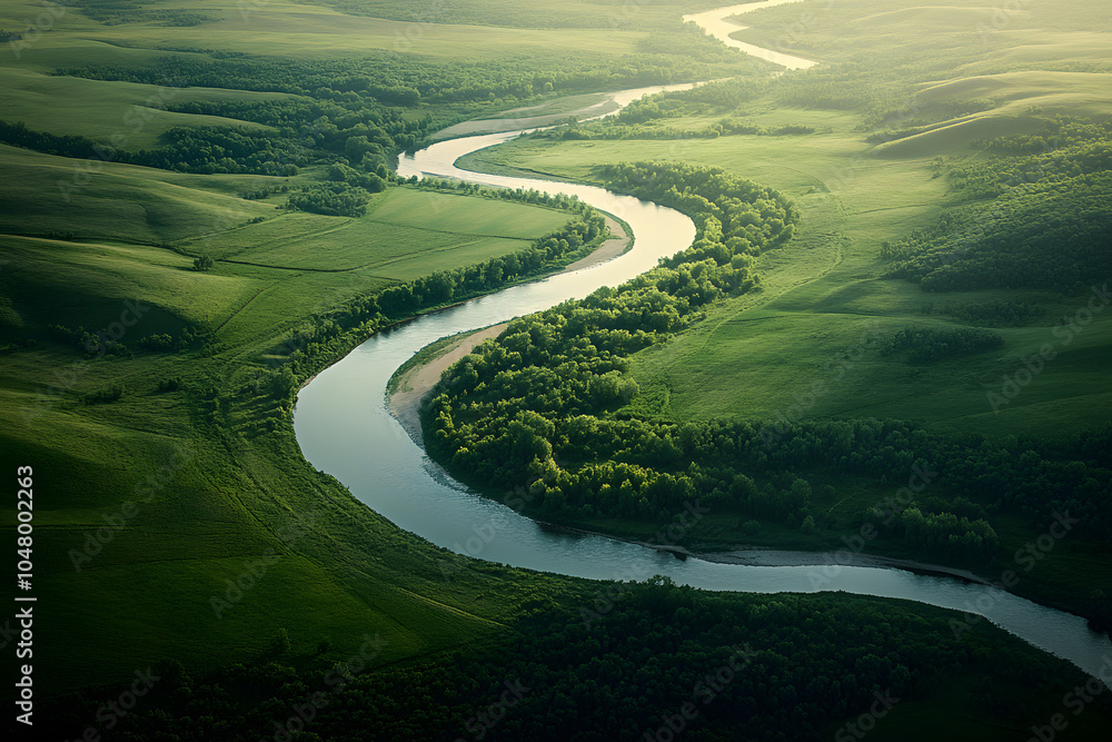Fototapeta premium Meandering river flowing through lush green valleys, representing the beauty of nature and peaceful landscapes
