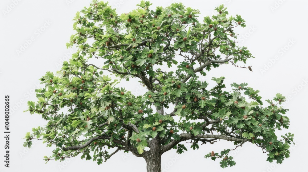 Oak Tree with Lush Green Leaves and Brown Cones Oak Tree with Lush Green Leaves and Brown Cones