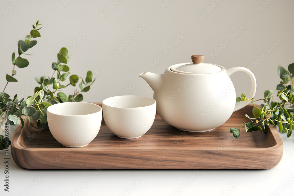 Tea set with a teapot and cups on a wooden tray, decorated with greenery, exuding warmth and simplicity Tea set with a teapot and cups on a wooden tray, decorated with greenery, exuding warmth and simplicity