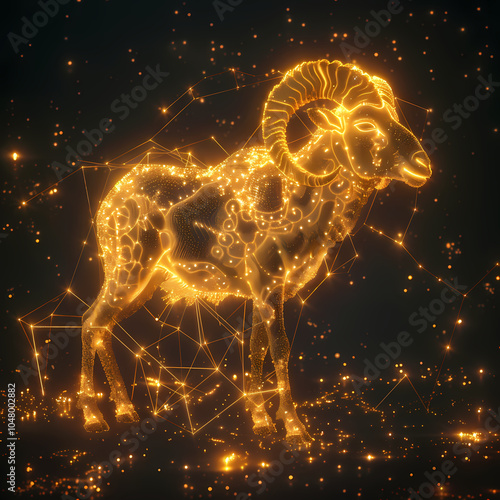 A powerful ram symbol representing the Aries zodiac, with strong, curled horns and a determined expression, embodying courage, energy, and leadership under the vibrant spring sky. photo