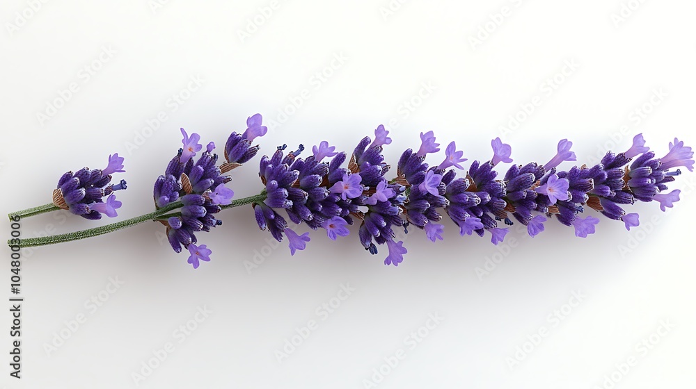 Obraz premium A single sprig of lavender blossoms isolated on a white background.