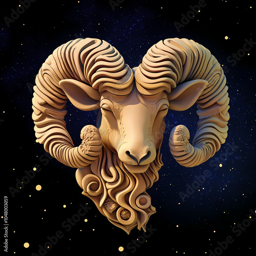 A powerful ram symbol representing the Aries zodiac, with strong, curled horns and a determined expression, embodying courage, energy, and leadership under the vibrant spring sky. photo