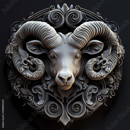 A powerful ram symbol representing the Aries zodiac, with strong, curled horns and a determined expression, embodying courage, energy, and leadership under the vibrant spring sky.