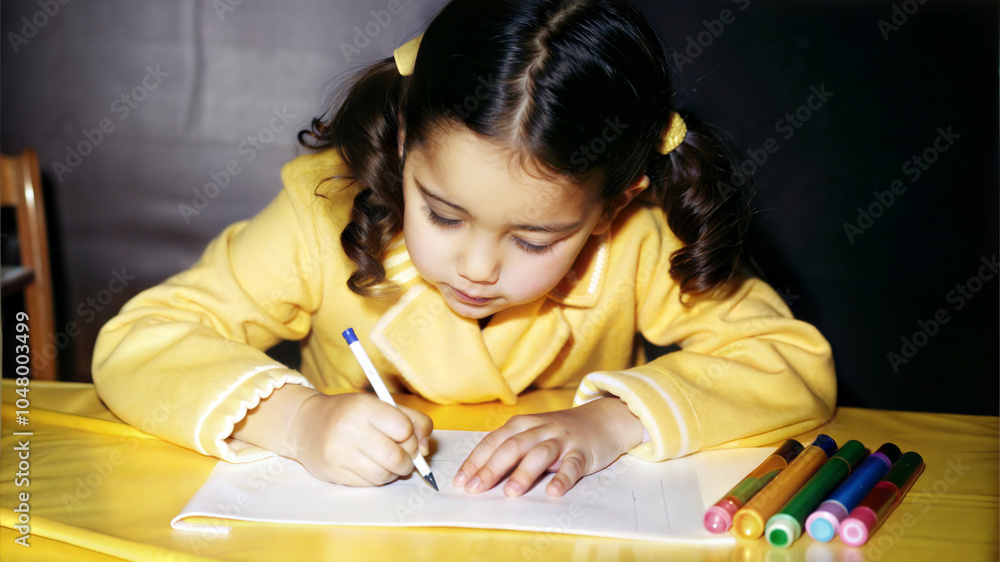 Young Girl in Yellow Writing with Markers on Paper at a Table Young Girl in Yellow Writing with Markers on Paper at a Table