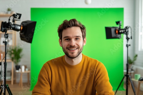 Smiling Livestreamer in Modern Home Studio, Bright Yellow Sweater, Green Screen Background photo