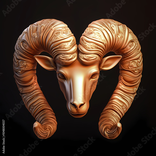 A powerful ram symbol representing the Aries zodiac, with strong, curled horns and a determined expression, embodying courage, energy, and leadership under the vibrant spring sky. photo