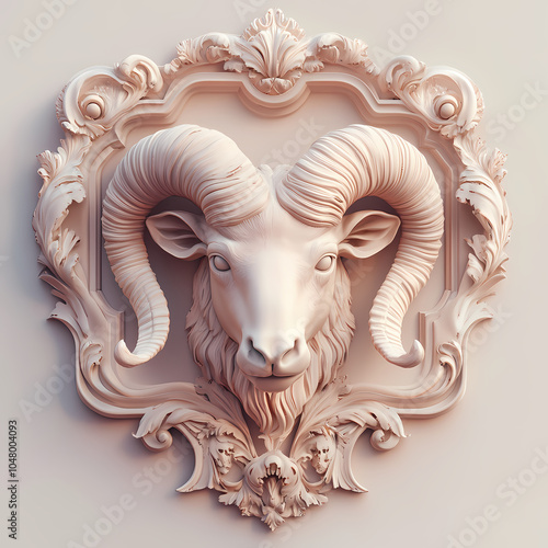 A powerful ram symbol representing the Aries zodiac, with strong, curled horns and a determined expression, embodying courage, energy, and leadership under the vibrant spring sky. photo