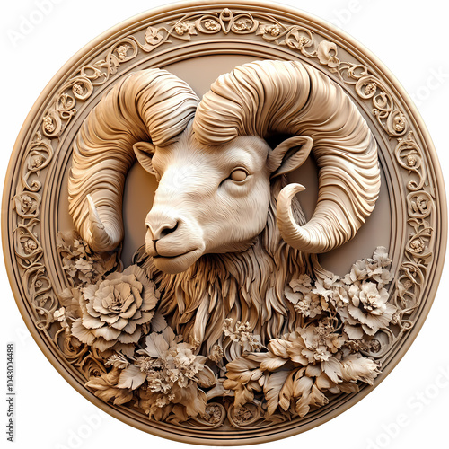 A powerful ram symbol representing the Aries zodiac, with strong, curled horns and a determined expression, embodying courage, energy, and leadership under the vibrant spring sky. photo