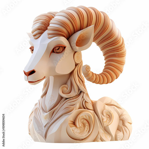 A powerful ram symbol representing the Aries zodiac, with strong, curled horns and a determined expression, embodying courage, energy, and leadership under the vibrant spring sky. photo