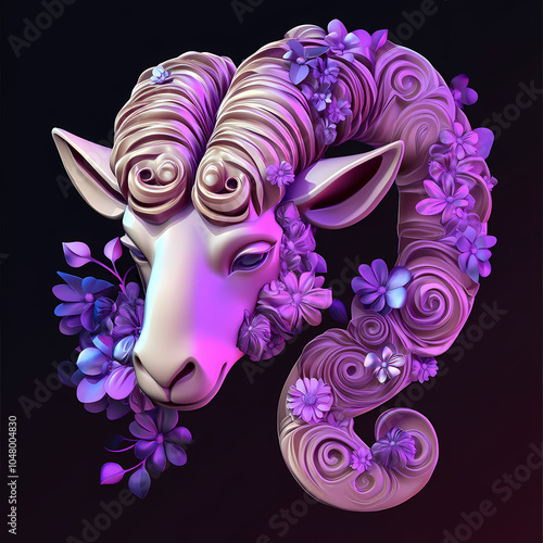 A powerful ram symbol representing the Aries zodiac, with strong, curled horns and a determined expression, embodying courage, energy, and leadership under the vibrant spring sky. photo