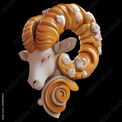 A powerful ram symbol representing the Aries zodiac, with strong, curled horns and a determined expression, embodying courage, energy, and leadership under the vibrant spring sky. photo