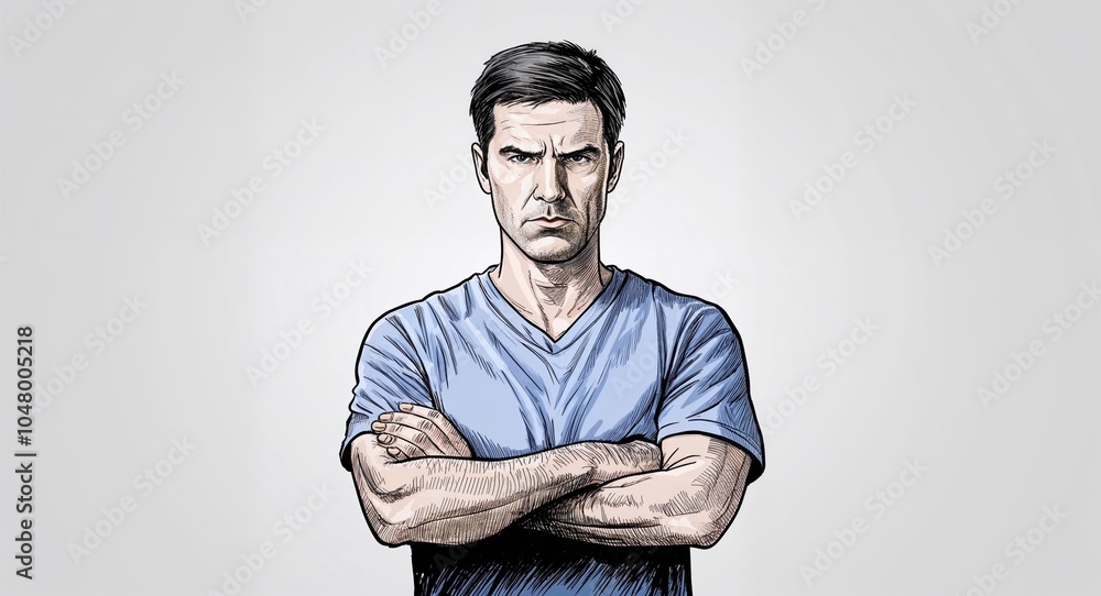 Obraz premium Hand drawing clipart of a man with a serious expression and crossed arms on plain white background