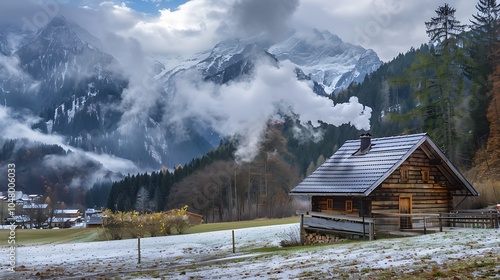 Winter time alpine valley with a wooden cottage and smoke coming from the flue