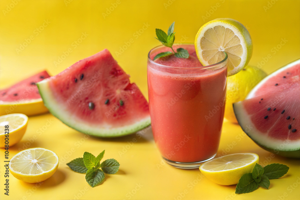 Refreshing Watermelon Lemonade with Fresh Mint and Citrus Slices on a Vibrant Yellow Background Refreshing Watermelon Lemonade with Fresh Mint and Citrus Slices on a Vibrant Yellow Background