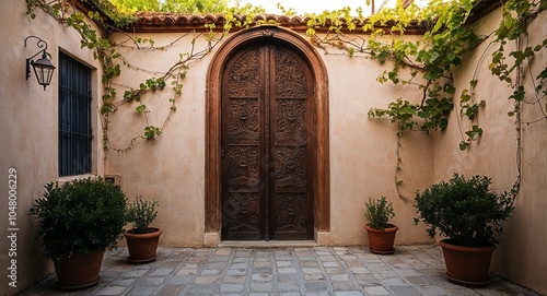 Courtyard with an ornate carved wooden door and vines