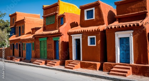 Cultural street scene with painted clay houses