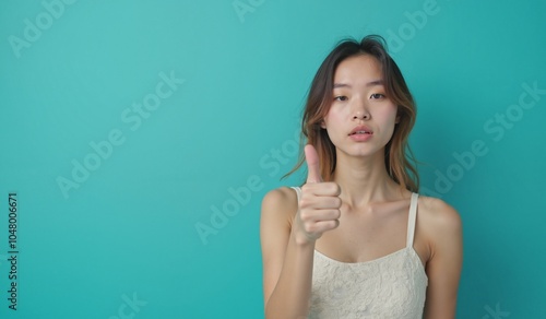 Young Asian woman with confident expression giving thumbs up against turquoise background with copy space