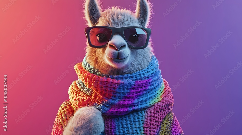 Cute llama in a colorful scarf and sunglasses looking fashionable 3d render Cute llama in a colorful scarf and sunglasses looking fashionable 3d render