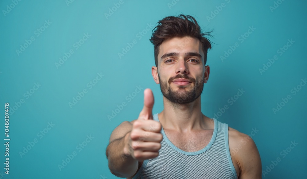 Confident young man with thumbs up against turquoise background Confident young man with thumbs up against turquoise background