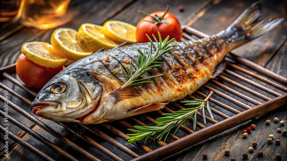 Template: Close up shot of delicious grilled fish on a plain background with forced perspective Template: Close up shot of delicious grilled fish on a plain background with forced perspective