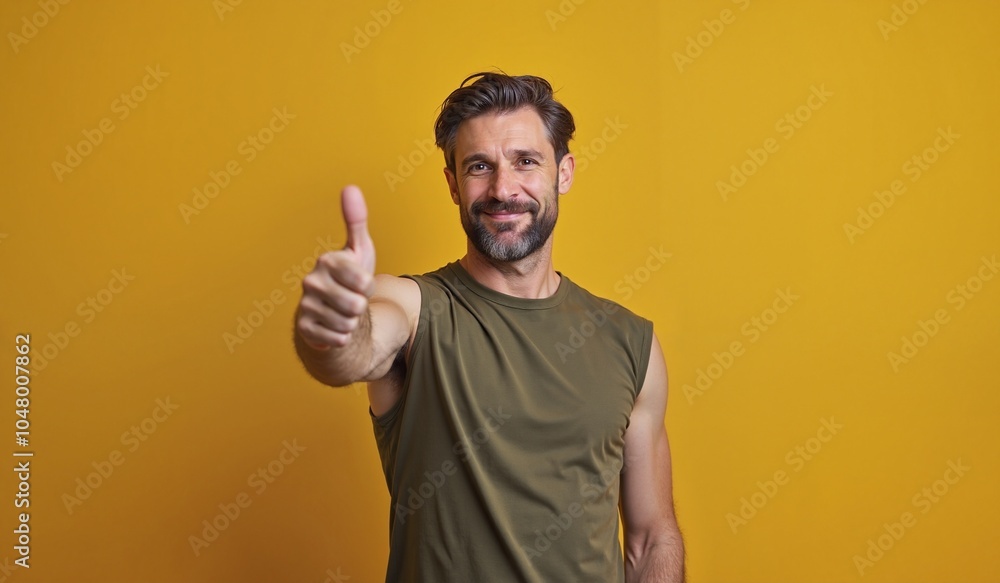 Man with confident smile giving thumbs up against yellow background Man with confident smile giving thumbs up against yellow background