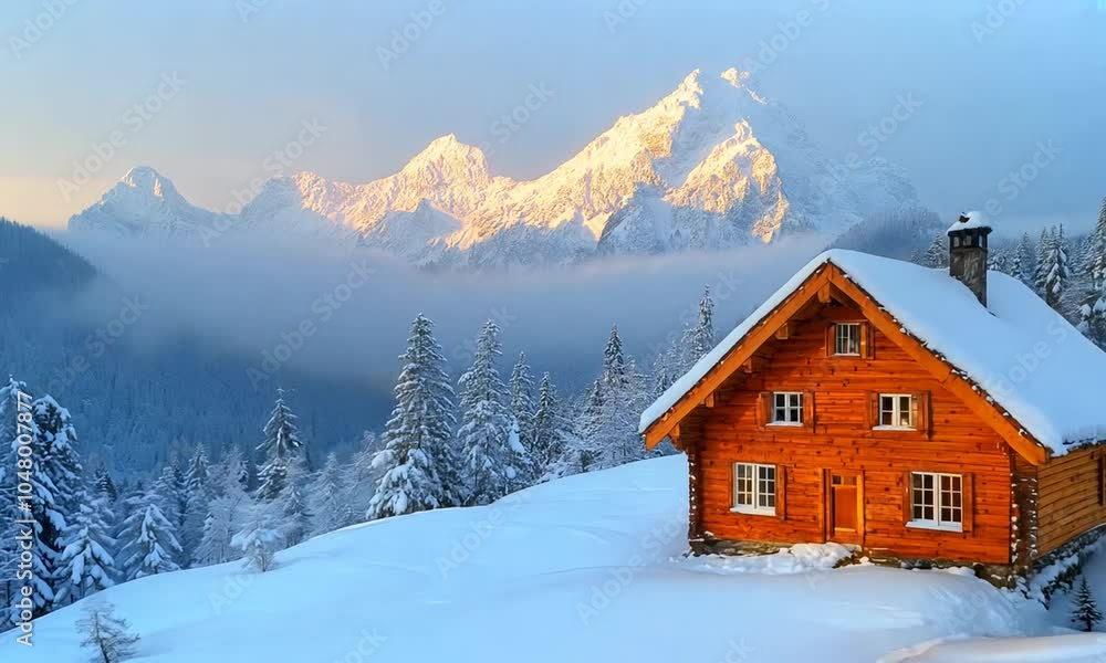 A cozy wooden cabin surrounded by snow-covered mountains at sunrise. A cozy wooden cabin surrounded by snow-covered mountains at sunrise.