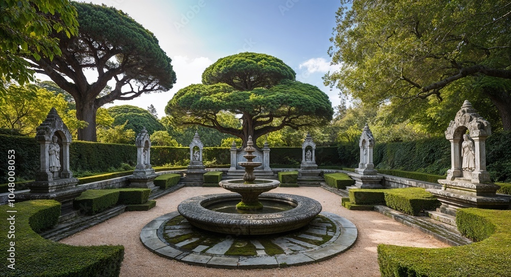 Ornate garden with sacred trees and stone altars Ornate garden with sacred trees and stone altars