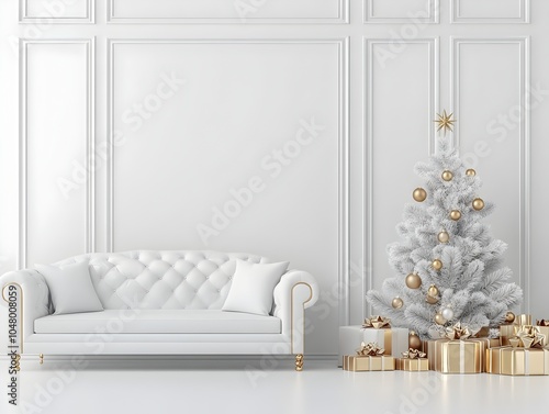 Elegant and Luxurious Christmas Living Room Scene with White and Gold Decor