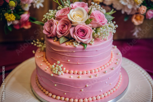 Elegant Pink Wedding Cake Decorated with Roses and Pearls