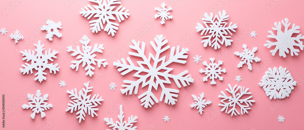 A collection of intricate white paper snowflakes on a vibrant pink background, perfect for festive decorations and seasonal crafts. A collection of intricate white paper snowflakes on a vibrant pink background, perfect for festive decorations and seasonal crafts.
