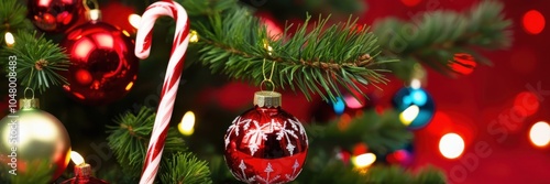 Christmas tree ornaments, colorful baubles, candy cane, pine branches, festive red background, bokeh lights, holiday decorations, macro photography, vibrant colors, shiny surfaces, seasonal cheer, tra photo