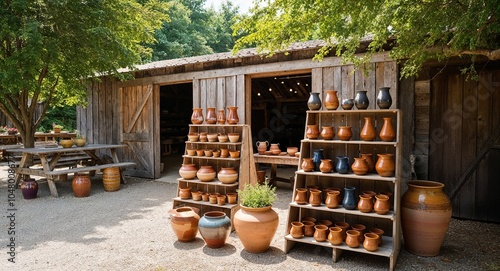 Rustic barnyard with handmade pottery on display photo