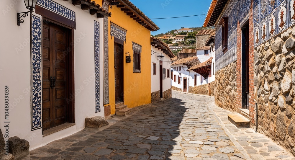 Obraz premium Stone street with houses adorned with traditional patterns