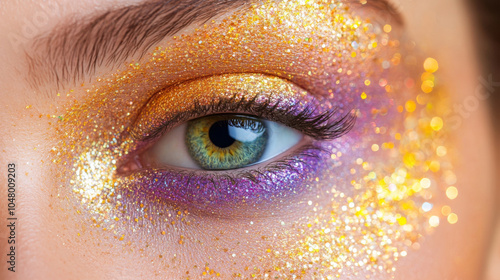 close up of vibrant eye with colorful makeup, featuring shimmering gold and purple glitter, creating dazzling effect. eye is expressive and captivating