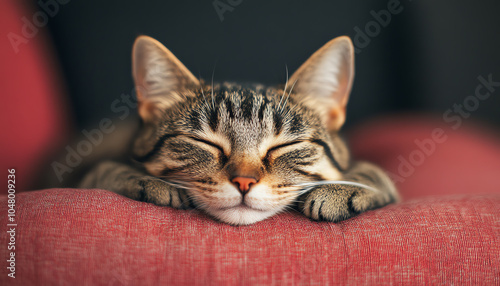 A cute tabby cat sleeping peacefully on a cozy red couch. The cat's adorable face and relaxed posture evoke a sense of warmth and serenity.