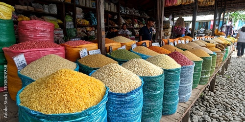 A colorful display of grains and legumes in sacks at an outdoor market.