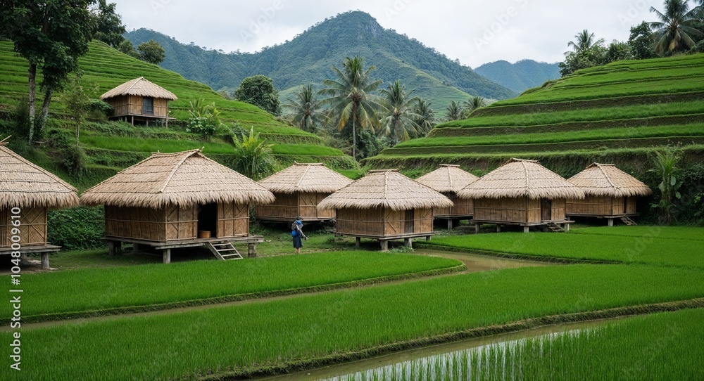 Village with bamboo huts and green rice terraces Village with bamboo huts and green rice terraces