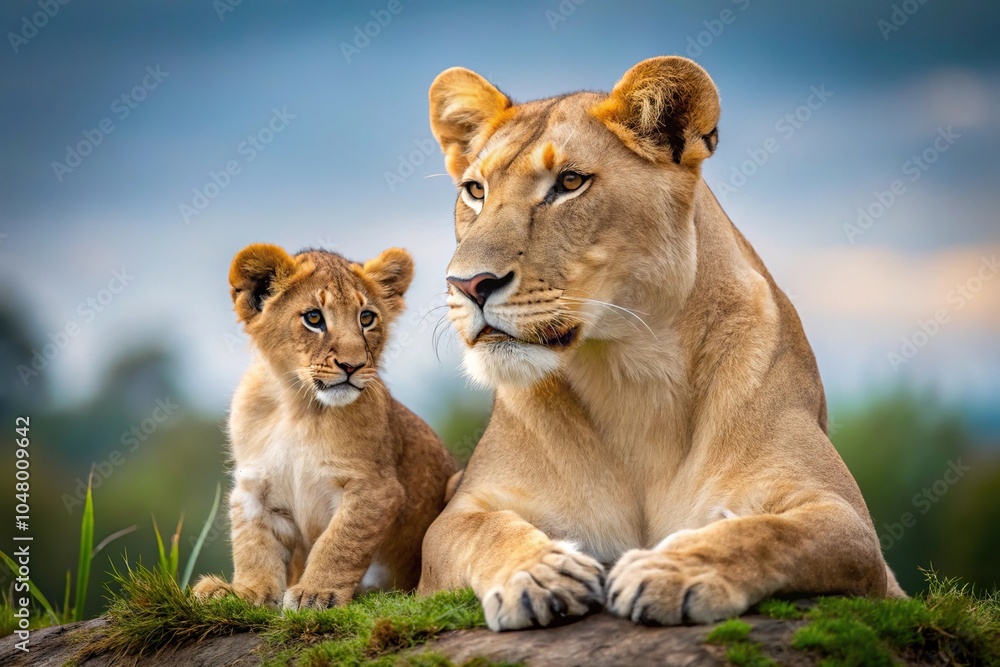 Tender moment between lioness and cub in their natural habitat Tender moment between lioness and cub in their natural habitat