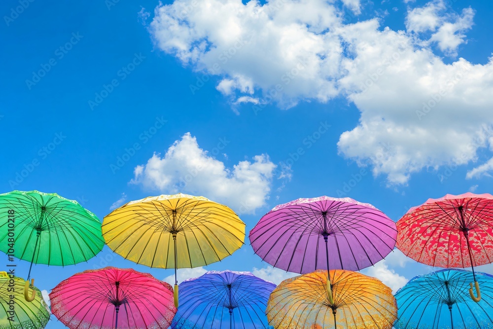 Obraz premium Colorful Umbrellas in a Bright Sky Procession