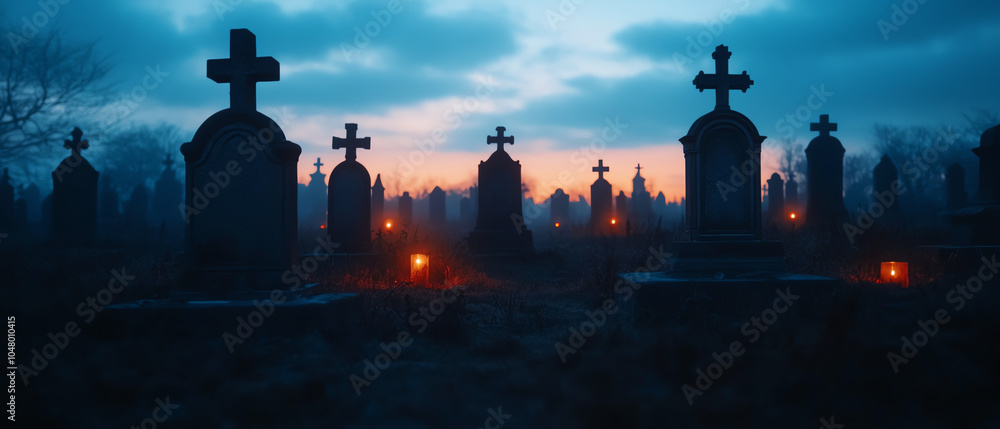 Obraz premium A haunting cemetery scene at dusk, with silhouettes of tombstones and glowing lanterns creating an eerie atmosphere in the fading light.