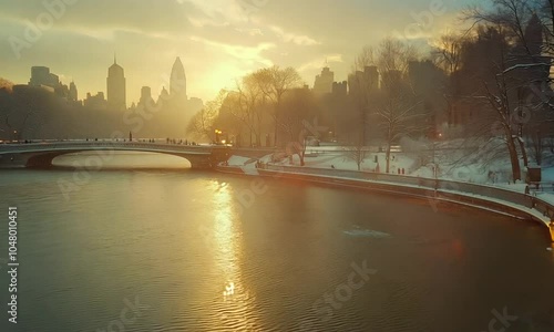 Wallpaper Mural A serene winter sunset over a snowy park with a bridge and city skyline in the background. Torontodigital.ca