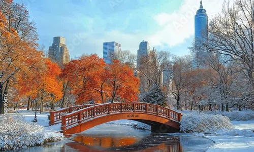 Wallpaper Mural A serene winter scene featuring a wooden bridge over a snow-covered river and vibrant autumn trees. Torontodigital.ca