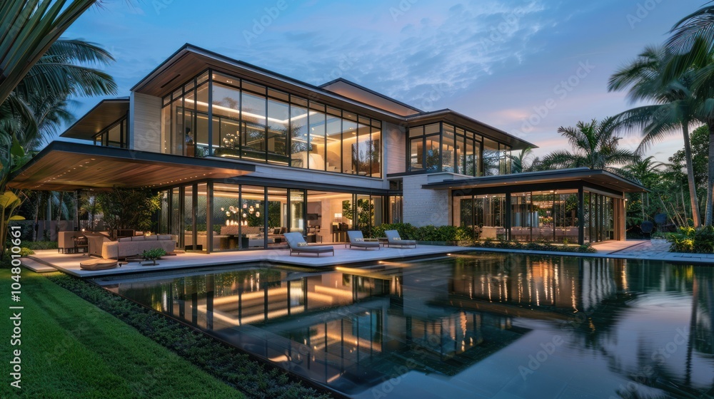 Modern Luxury Home with Pool and Lush Greenery at Dusk Modern Luxury Home with Pool and Lush Greenery at Dusk